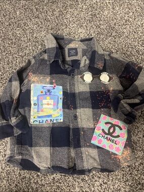 GAP Kids Navy and Gray Plaid Button-Down Shirt with Colorful Chanel Patches